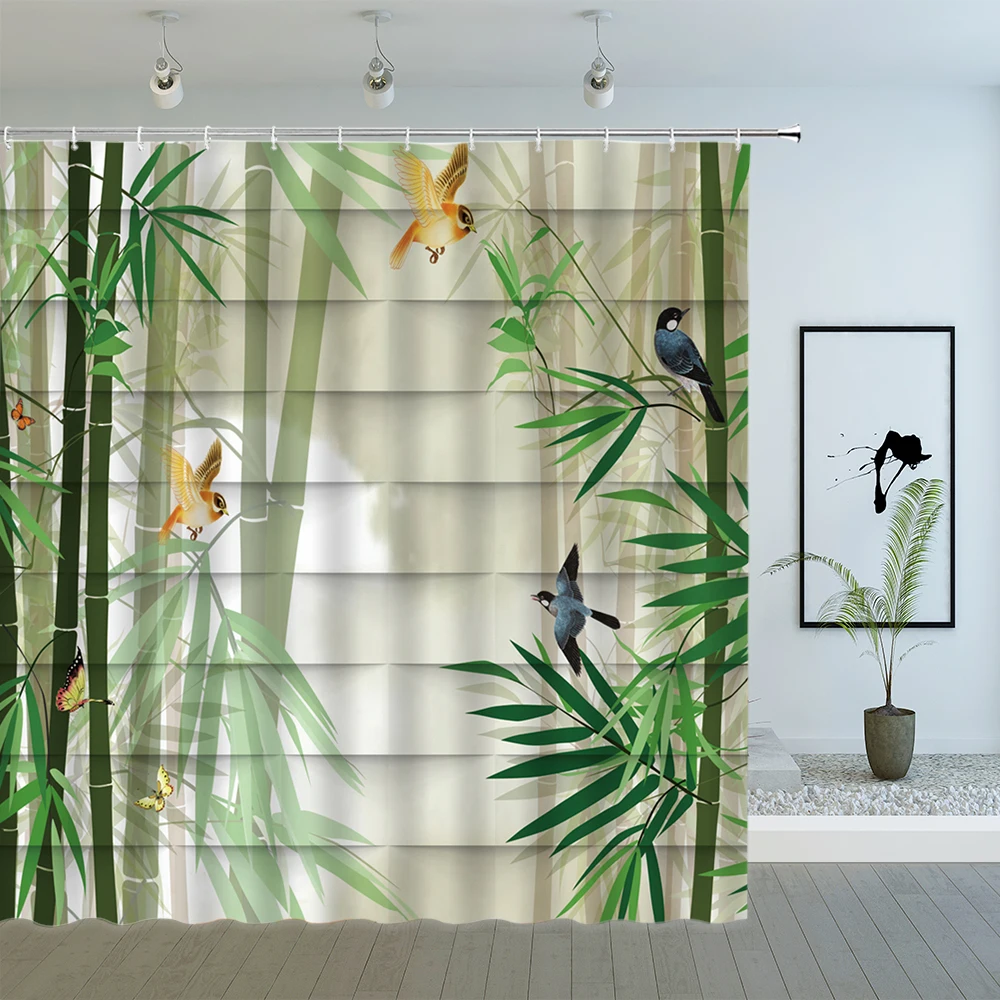 green bamboo shower curtains spring plant scenery bird butterfly koi leaf pattern zen garden bathroom decor cloth curtain set free global shipping