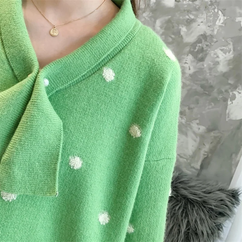 H.SA Women Winter Sweaters Long SLeeve Crew Neck Pink Pullover and Sweater Polka Dots Bow Sweaters Kawaii Knitwear Tops
