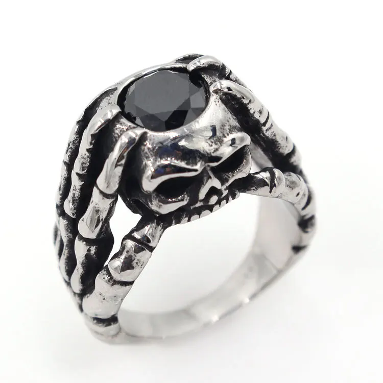 Мужское кольцо в стиле ретро с когтями и призраками черным драгоценным камнем