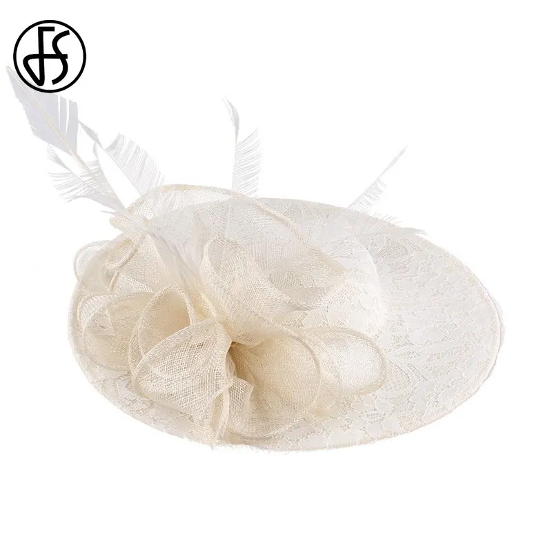 Женская шляпка с перьями FS для церкви и торжественных случаев бежевая белая