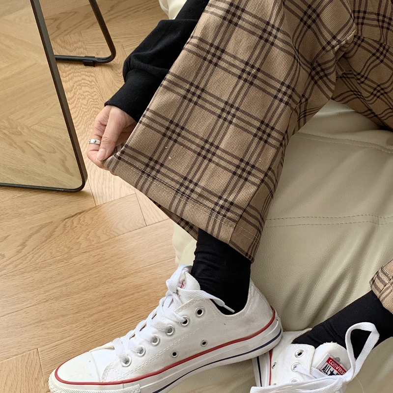 

POUNGDUDU 2021 Spring Plaid Pants For Women Y2k Pants Wide-Leg Trousers High Waisted Elastic Vintage Casual Highstreet Student