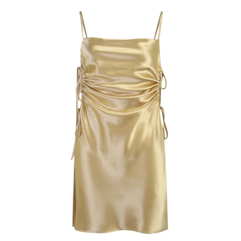 

JULISSA MO Sleeveless Backless Drawstring Mini Dress 2021 Summer Women Ruched Satin Bodycon Dresses Female Sexy Party Vestidos