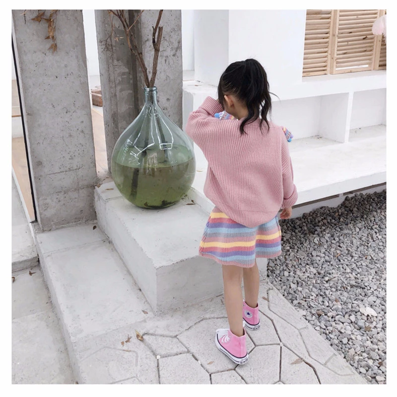 Knit комплекты трикотажной одежды для девочек; детский шерстяной свитер в полоску; платье-комбинезон; пуловер с кроличьими волосами; комплект одежды для детей