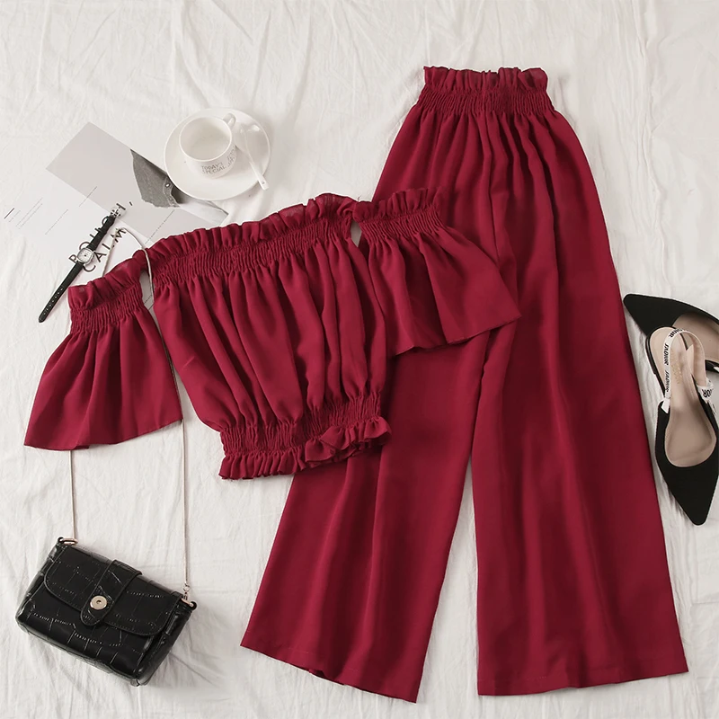 Лето 2020 новый укороченный топ с открытыми плечами + широкие брюки высокой талией