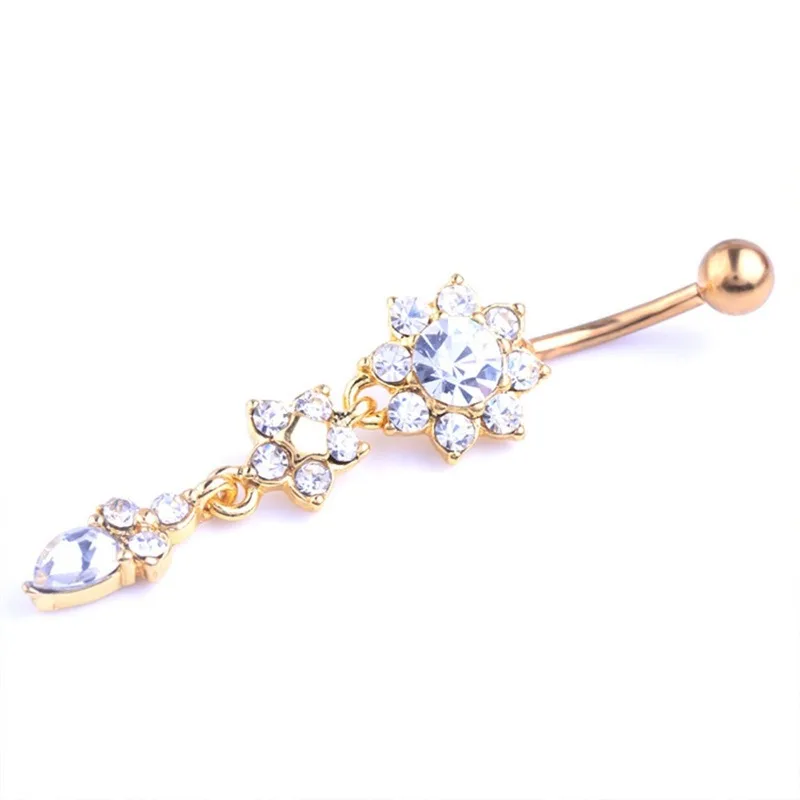

New Fashion Sexy Piercing Navel Nail Body Jewelry Flower Pendant Crystal Belly Button Rings for Women Girls