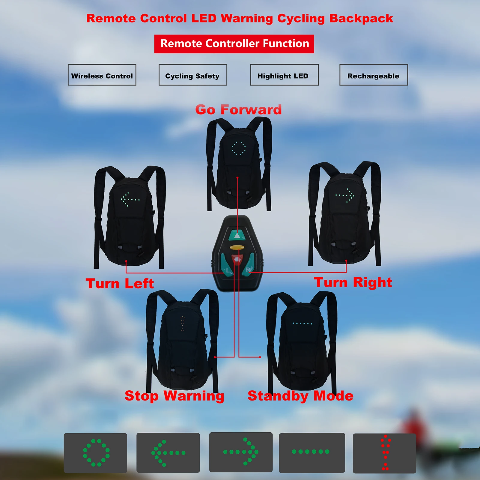 

15L Cycling Bicycle Bike Backpack LED Turn Signal Light Reflective Bag Pack Outdoor Safety Night Riding Running Camping