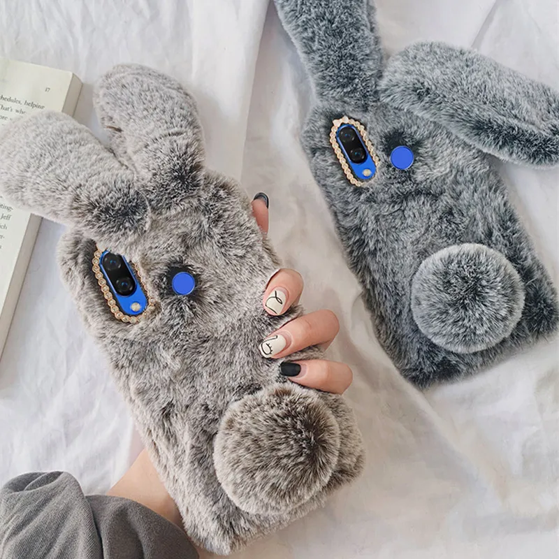 For Huawei P40 Pro Honor 20S 20 10 lite 9X 8X Case Fluffy Rabbit Silicone Bunny Plush cover P Smart Z Y6 Y7 Y9 2019 | Мобильные
