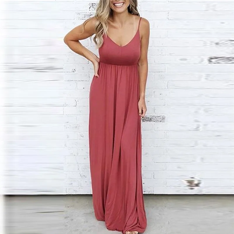 

Women Solid Color Sling Elastic Waist Sundress Retro Backless Party Clubwear Dress Holiday Summer Long Beach Long Dress