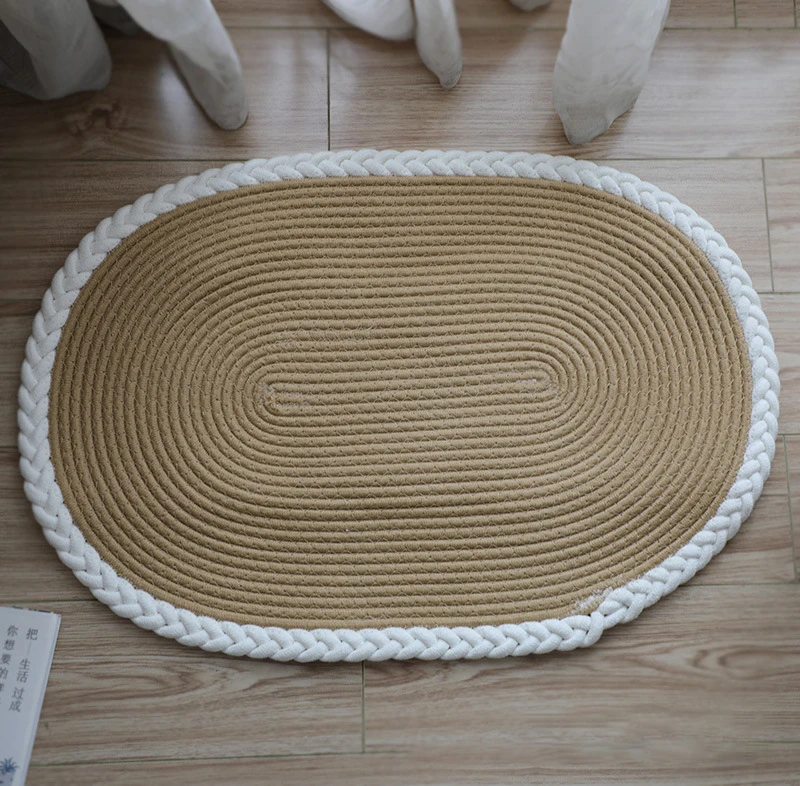 Simple hand-woven mats porch floor door bathroom absorbent pads cream oval | Rug