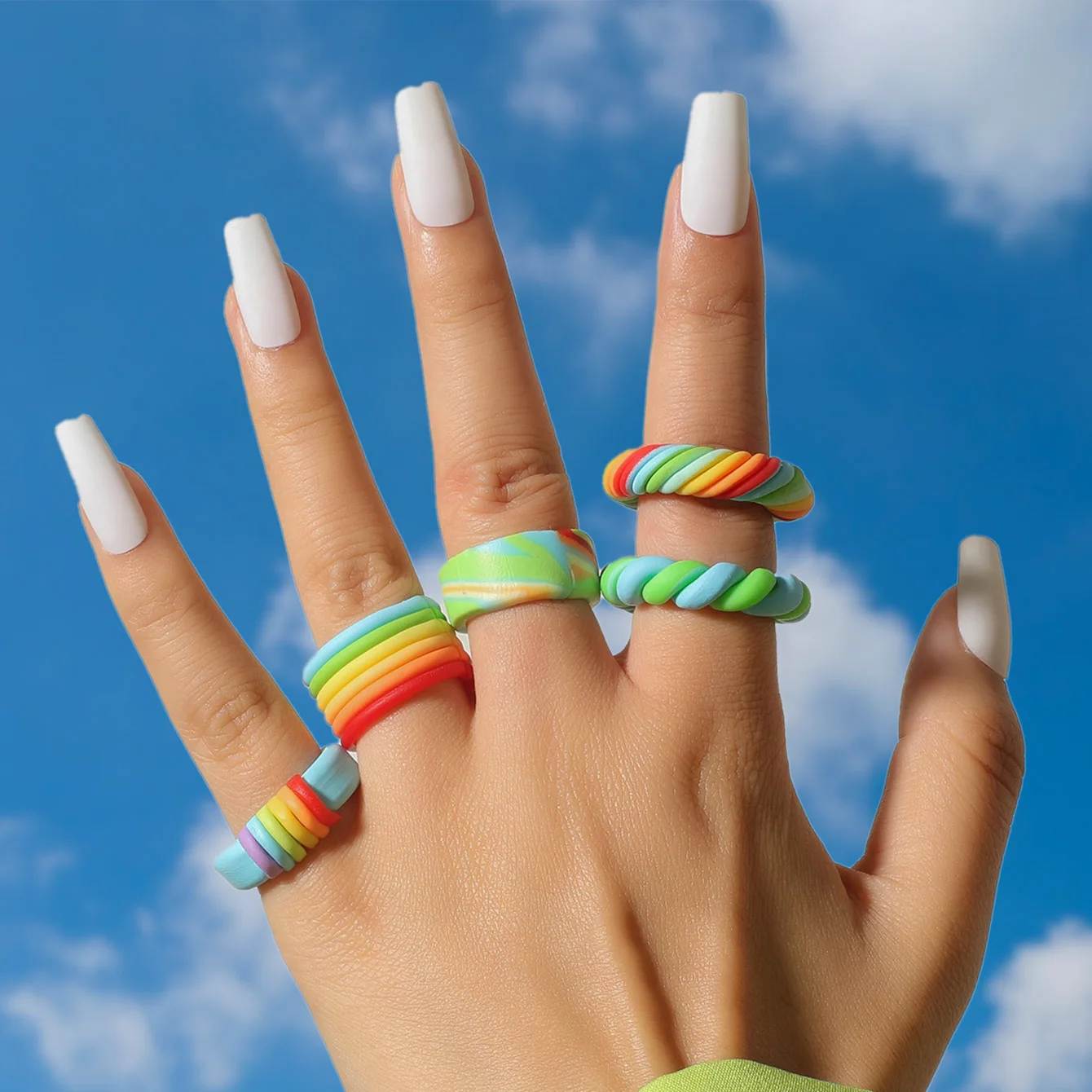 

2022 Ins New Trendy Bohemian Colorful Rainbow Striped Twisted Round Handmade Ceramic Clay Rings For Women Jewelry Friends Gifts