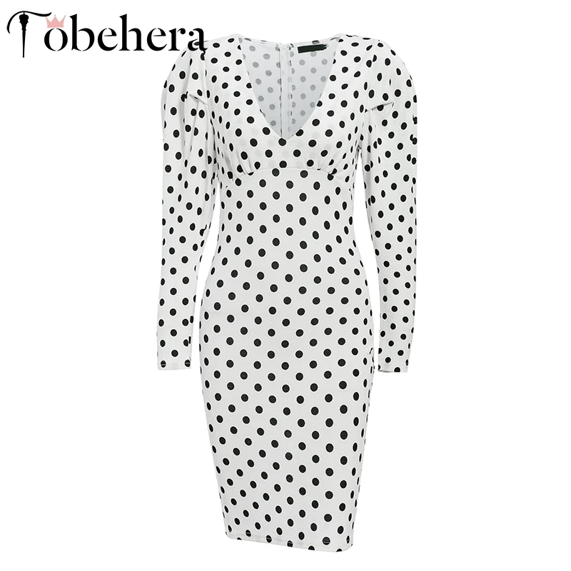 Glamaker Осеннее белое сексуальное платье в горошек женское элегантное с v-образным