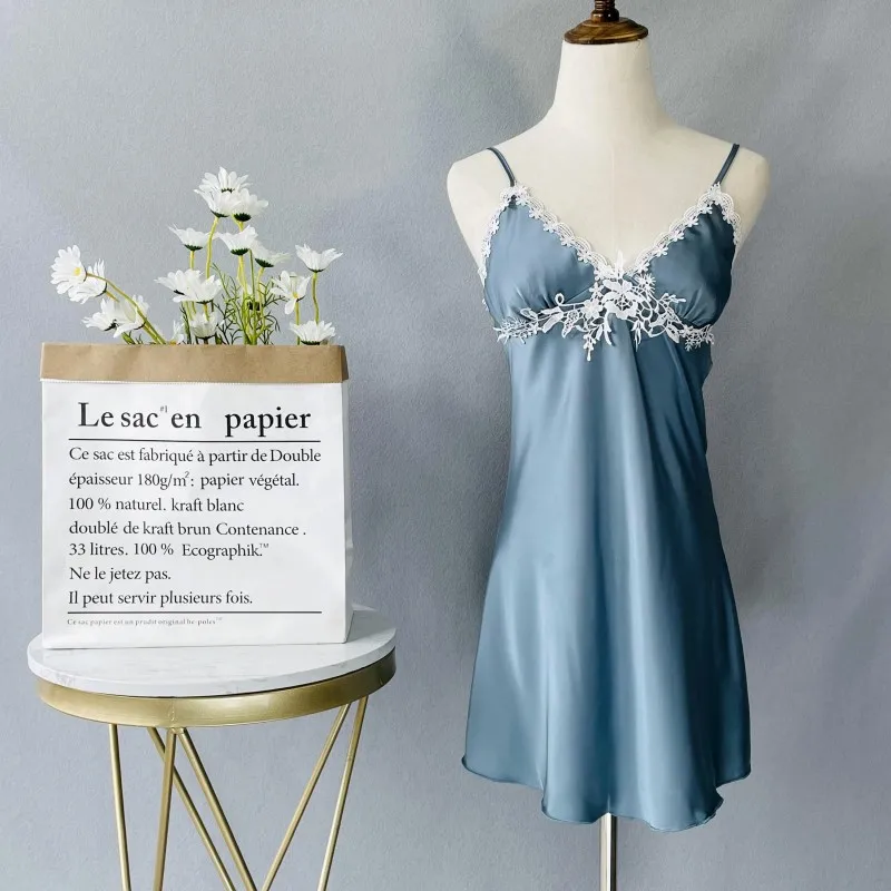 

Women Lace Nightgown Intimate Lingerie 2021 Summer New Nightdress Sexy Spaghetti Sling Short Home Clothing Satin Sleepwear