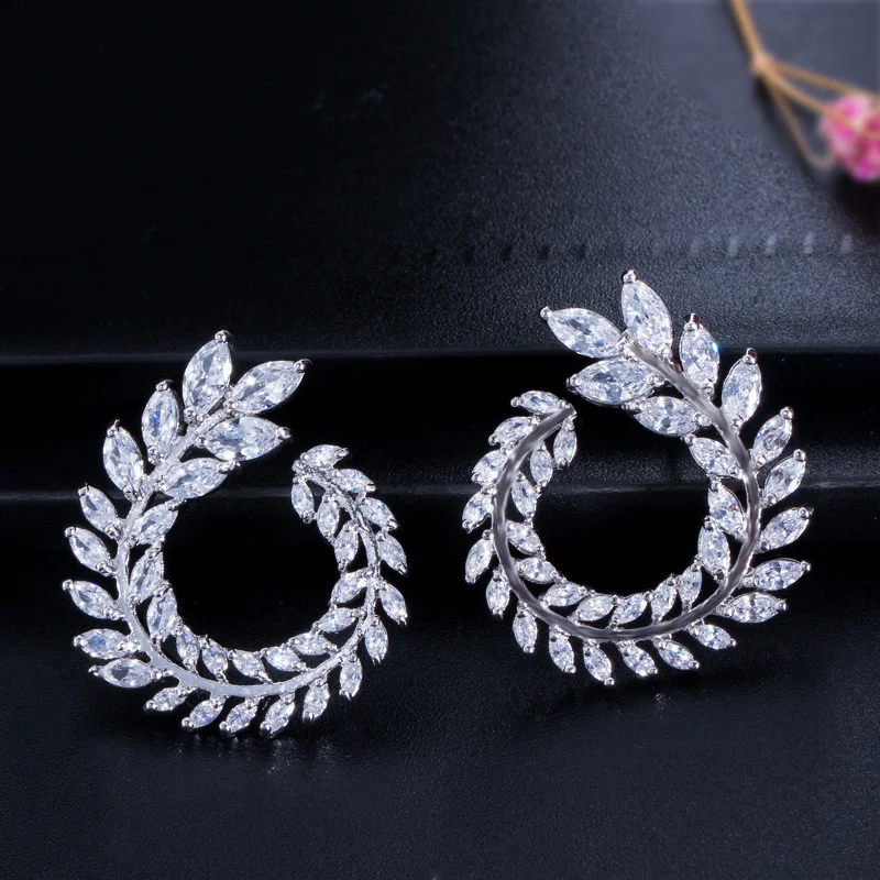 

White Olive Branch Leaf Shape Stud Earrings and Elegant Marquise Cut Colored Half Round Women's Earrings Jewelry For Gift E0603