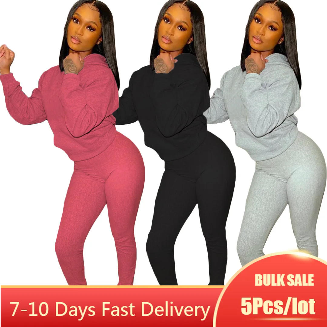 

5PCS Bulk Item Wholesale Lots Womens Sportsuits Two Piece Set Solid Color Hoodies and Full Pants Set Winter Fall Sweatsuits 2021