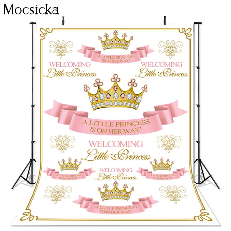 

Mocsicka Our Little Princess Photography Background Crown Decoration Baby Shower Art Portrait Photo Backdrop Banner