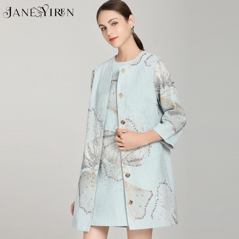 Janeyiren Fashion Designer Autumn Blue Dress Suit Women's Long sleeve Single-breasted Coat＋Bead Jacquard Short Dress 2 Pieces Se