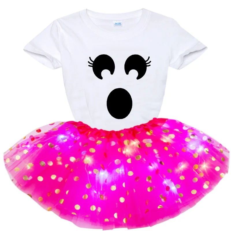 Girl Sequin Skirt Birthday Party Outfits Princess Girls Smiley Cartoon Print Short T-shirt + Dress 2pcs Party Custom Dress Sets
