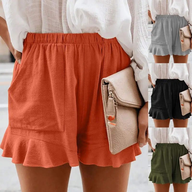 

Women Summer Elastic Waist Loose Shorts Solid Color Ruffle Hem Pants with Pocket