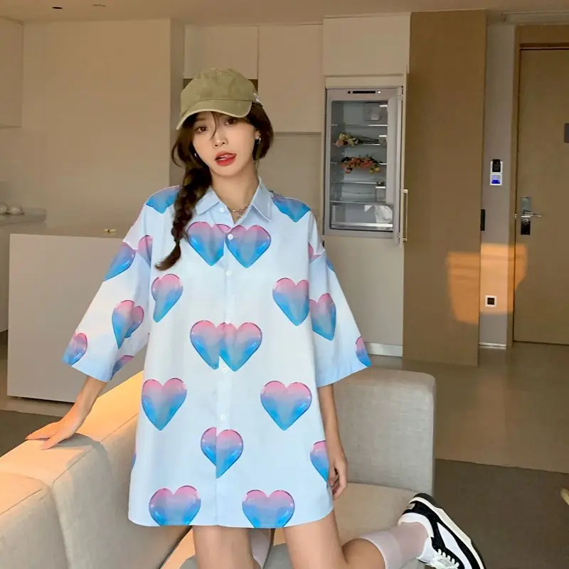 

Рубашки с градиентом, кардиган с коротким рукавом для влюбленных, блузки большого размера, дизайнерская шикарная уличная одежда свободного...