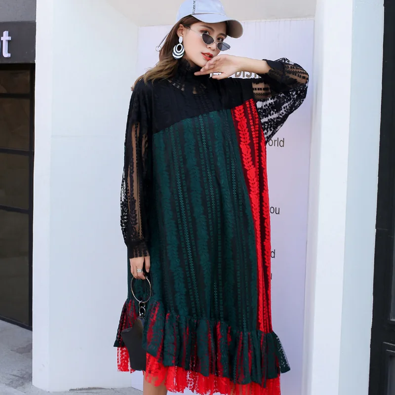 Контрастное цветное платье с длинным рукавом женское высоким вырезом свободные