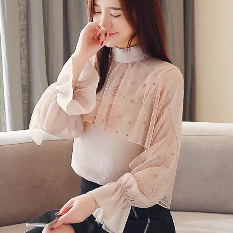 Женские весенние блузки 2019 топы и с бусинами элегантные женские рубашки