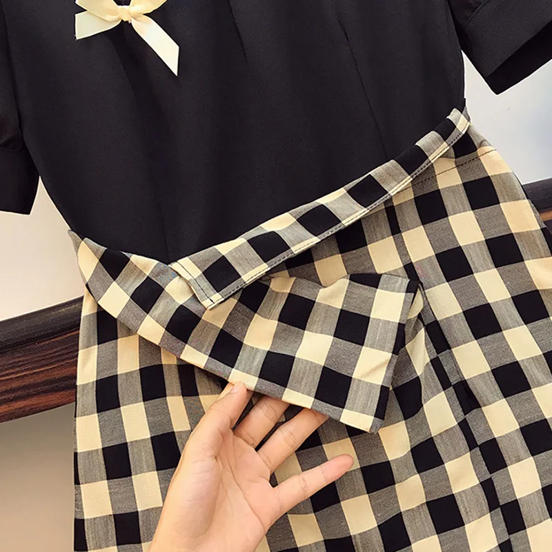 

Women Summer Plus Size Midi Irregular Plaid Dress V Neck Short Sleeve Bow Big Clothing Loose Dress Elegant Black Party Vestidos