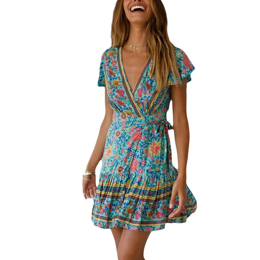 

summer dress Women Bohemia Style Floral Print Beach Bandage Falbala V-Neck Short Sleeve Dress robe femme Women's Clothing 2021
