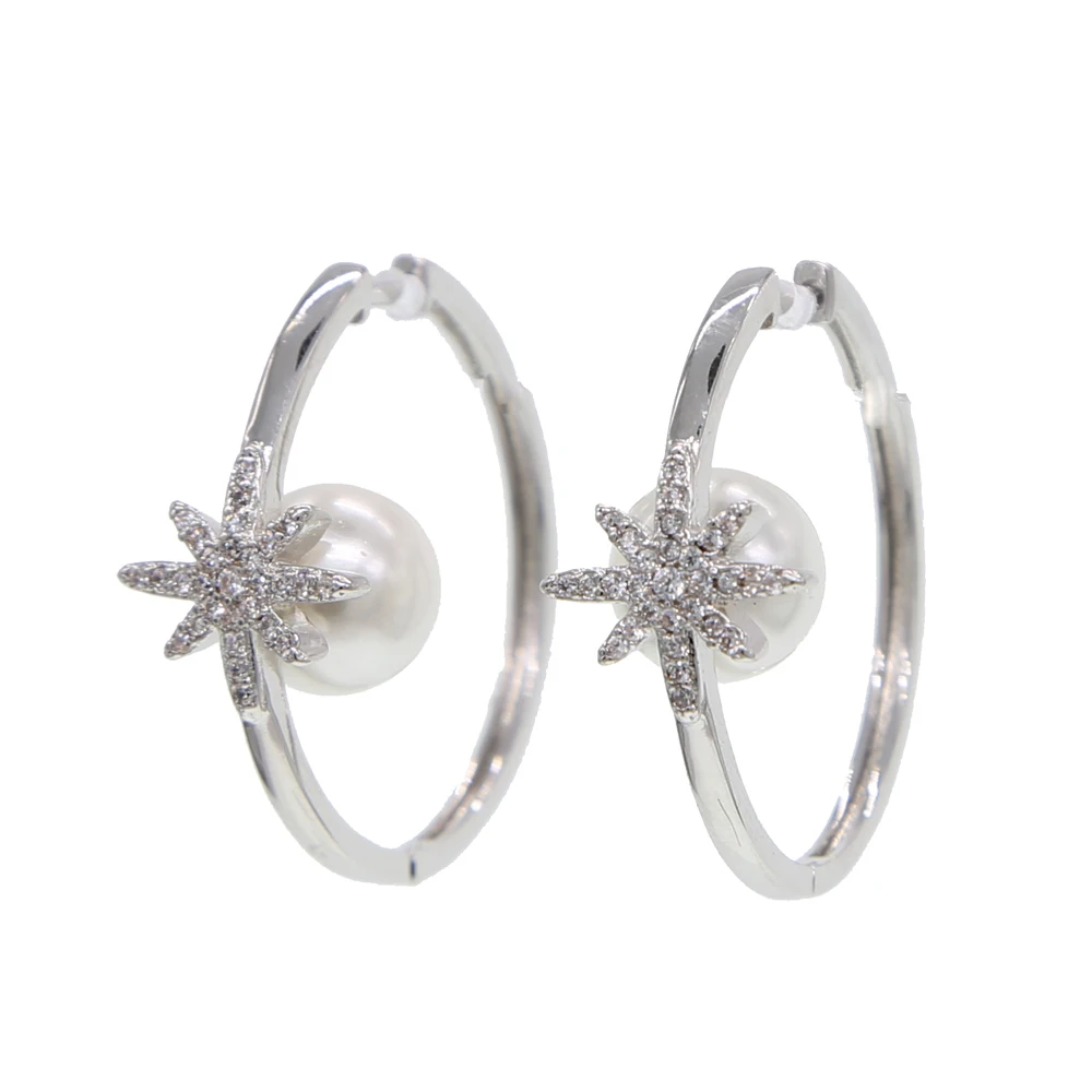 Gold gold big hoop earrings setting white round pearl delicate star snowflake CZ stone for women Gorgeous fashion charm jewelry | Украшения