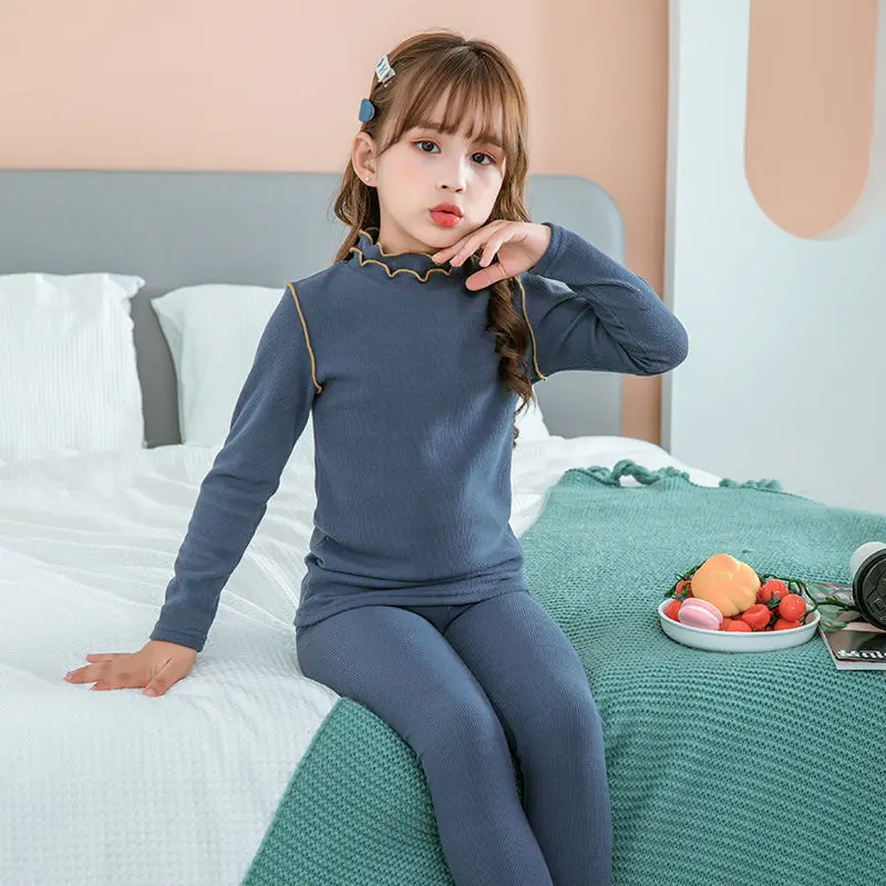 Girl's Underwear Pack Half Turtleneck Autumn and Winter Children's Long Johns Top & Bottom Set Girl's Wooden Ear Thickened Base