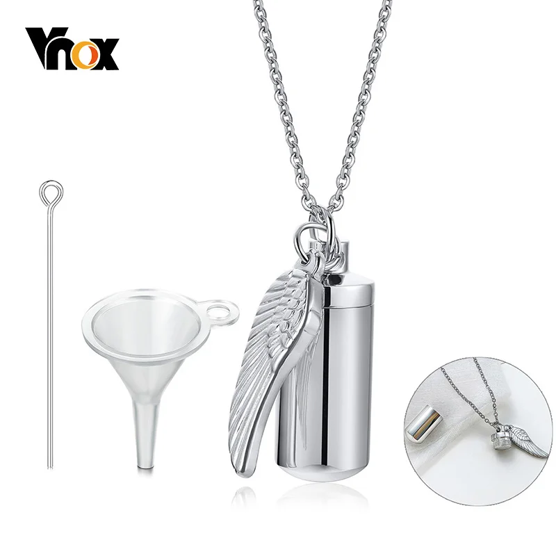 

Vnox Women Cylinder Cremation Urn Necklace for Ashes Memorial Keepsake Pendant with Angel Wing,Stainless Steel Remembrance Gift