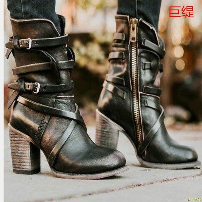

Retro Sexy Motorcycle Boots Women's Rivet Ankle Boots Buckle Strap Rome Autumn Leather Short Boot Casual High Heel Shoes Pointed