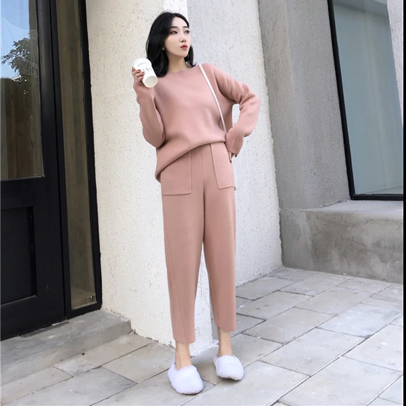Autumn Winter Knitted Set Women Thick Warm O-Neck Loose Knit Suit Slim Pocket Harem Pants Oversized Casual Elegant Black Clothes