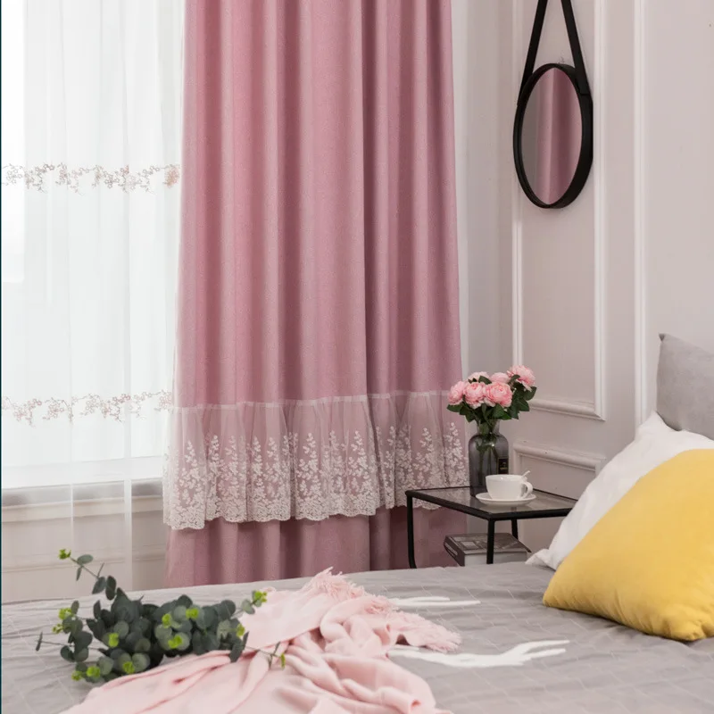 

Modern and Simple Polyester Imitation Linen Blackout Curtains for Girls' Rooms Embroidered Lace Princess Style Finished Curtains