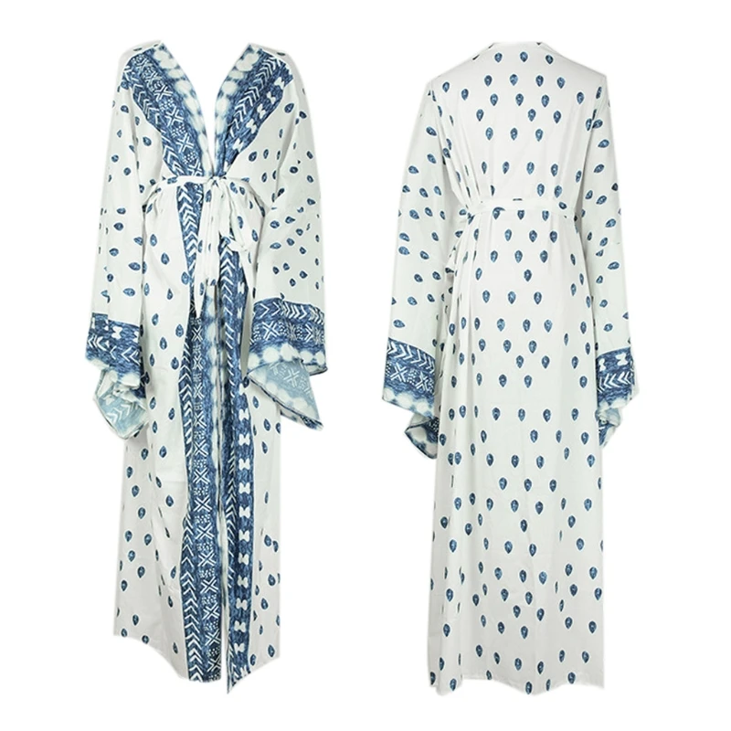 

U2JF Bohemian Beach Bikini Cover Up Peacock Feather Long Sleeve Kimono Cardigan Shirt