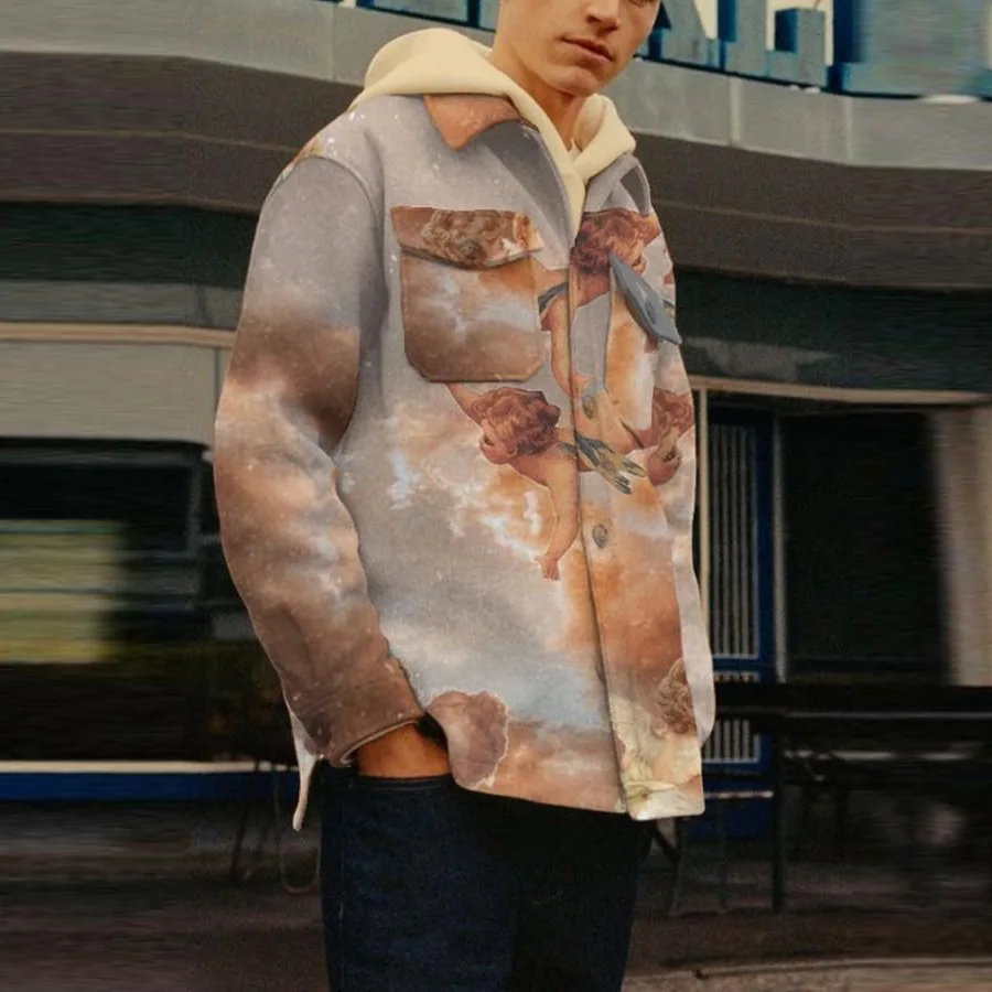 

Men Jackets 2021 Autumn Loose Printed Casual Single-breasted Lapel Jacket Men Fashion Outerwear Coats Long Sleeve Cardigan Tops