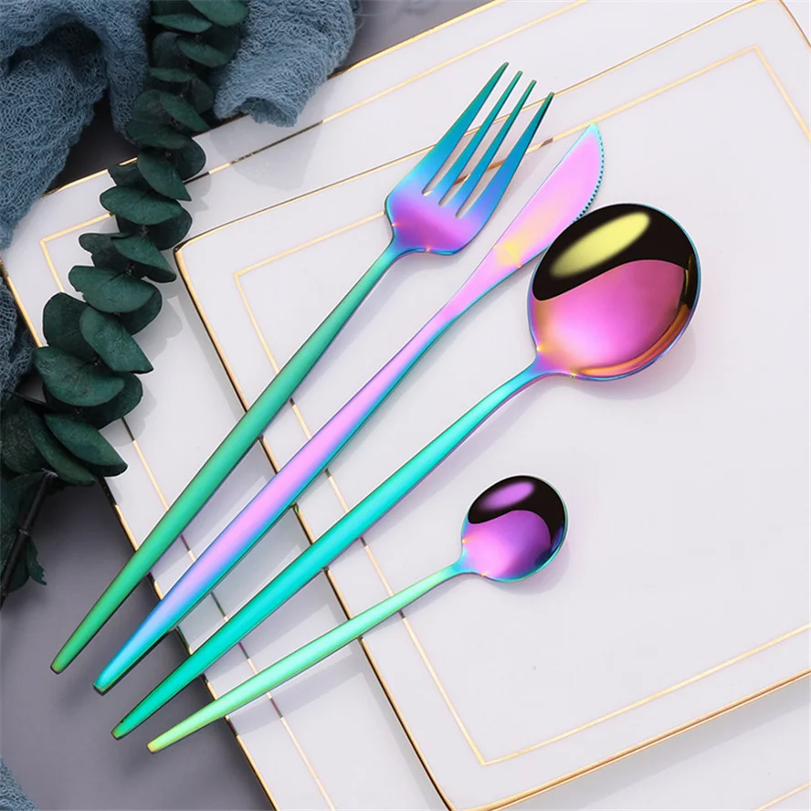 Rainbow Cutlery Set Tableware Forks Knives Spoon Luxury Kitchen Utensils 5Pcs Creative Combination Dinnerware Flatware | Дом и сад