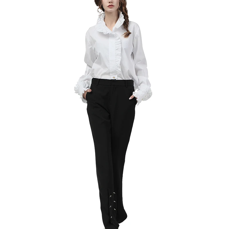 

Elegant Ruffles Women White Cotton Shirts Flared Long Sleeve 2020 Autumn New Tops Loose Plus Size Office Ladies Korean Blouses