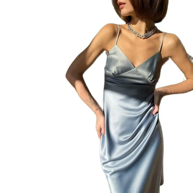 

Женское атласное пижамное платье, повседневное однотонное прямое вечерние на бретельках, с глубоким V-образным вырезом, 2021