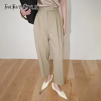 twotwinstyle casual slim solid pocket pant female high waist fold pleated korean fashion pants for women autumn 2021 clothes new