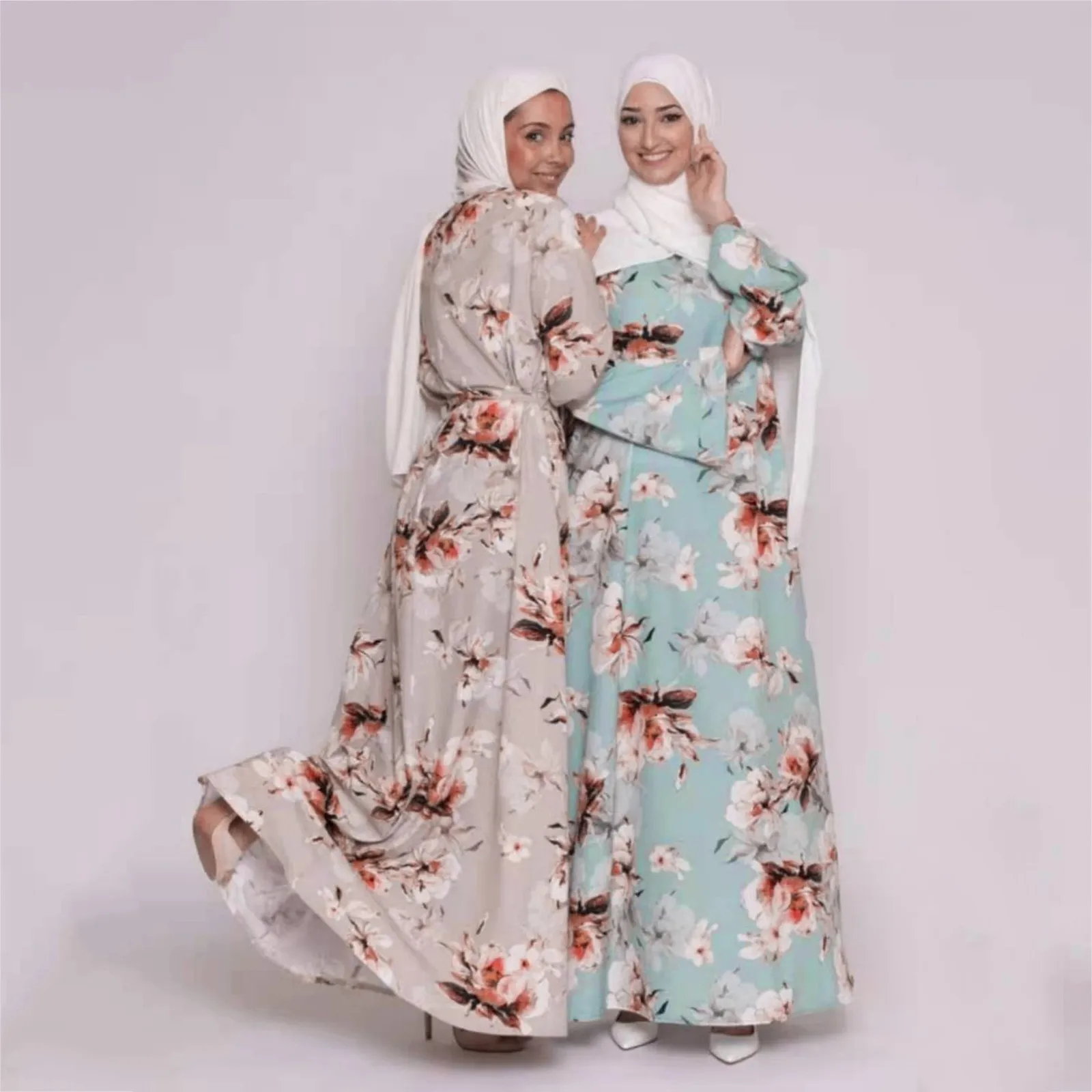 

Свободное платье с карманами, женские платья, повседневное мусульманское платье с цветочным принтом и поясом, абайя, мусульманское арабско...