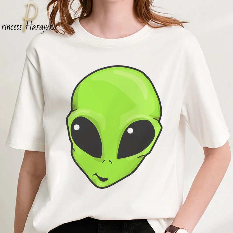 

2020 Women Fashion Cute T-shirt Harajuku Tshirts Funy Alien Cartoon White Printed Casual Aesthetic T Shirt Casual Kawaii Tops