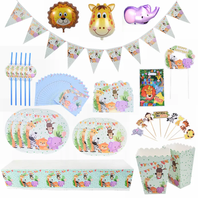 Одноразовый набор посуды с мультяшными животными вечерние украшения для сафари