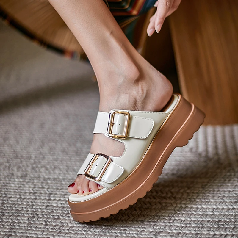 

Plus Size 34-42 Genuine Leather Slippers Women Shoes Buckle Platform Metal Buckle Summer Chunky Handmade Ladies Casual Shoes