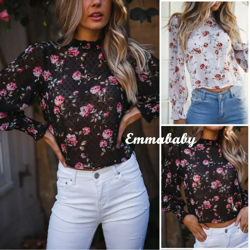 

Fashion Women's Blouse Perspective See Through Long Sleeve Sexy Floral Crop Tee Blouse /BY