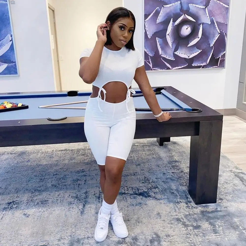

Sexy Bandage Hollow Out Knit Rib Playsuit Jumpsuit Women Bodycon Casual Fitness Lace Up Biker Shorts Rompers Womens Jumpsuit