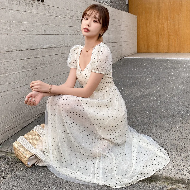 

2022 Summer Floral Design Sweet Dress Short Sleeve Chiffon Elegant Dress Korean Style Square Collar Party Dress for Female Dot