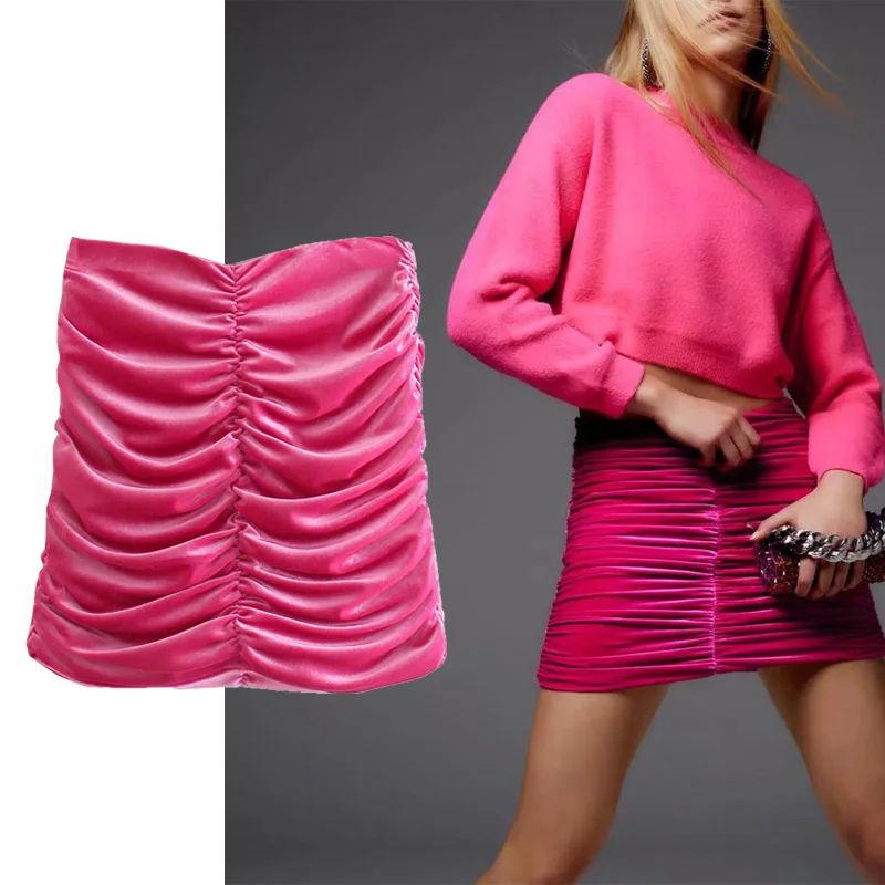 

Za Spring Autumn Solid Woman's Folds Decorate Velvet Mini Skirt 2022 Chic Back Zipper Casual Short Skirt Vintage Streetwear