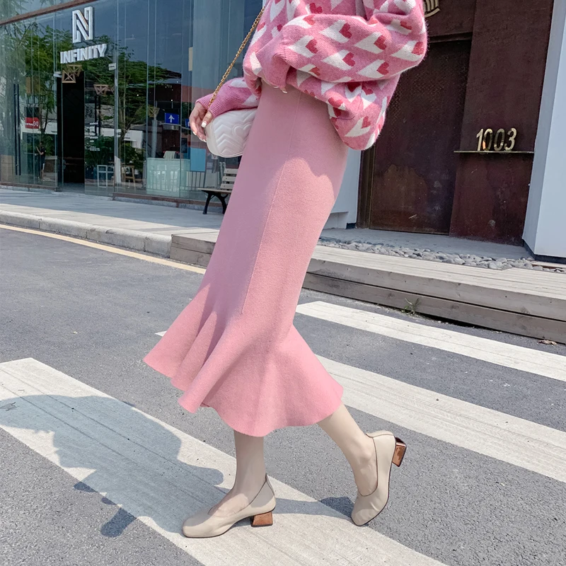 pink Осень-зима толстые вязаные однотонные оборками Длинные юбки-трубы плавки Для женщин средней длины фасона “ампир”-карандаш в шотландскую клетку юбка покроя "Русалка" NR1167 - Цвет: pink