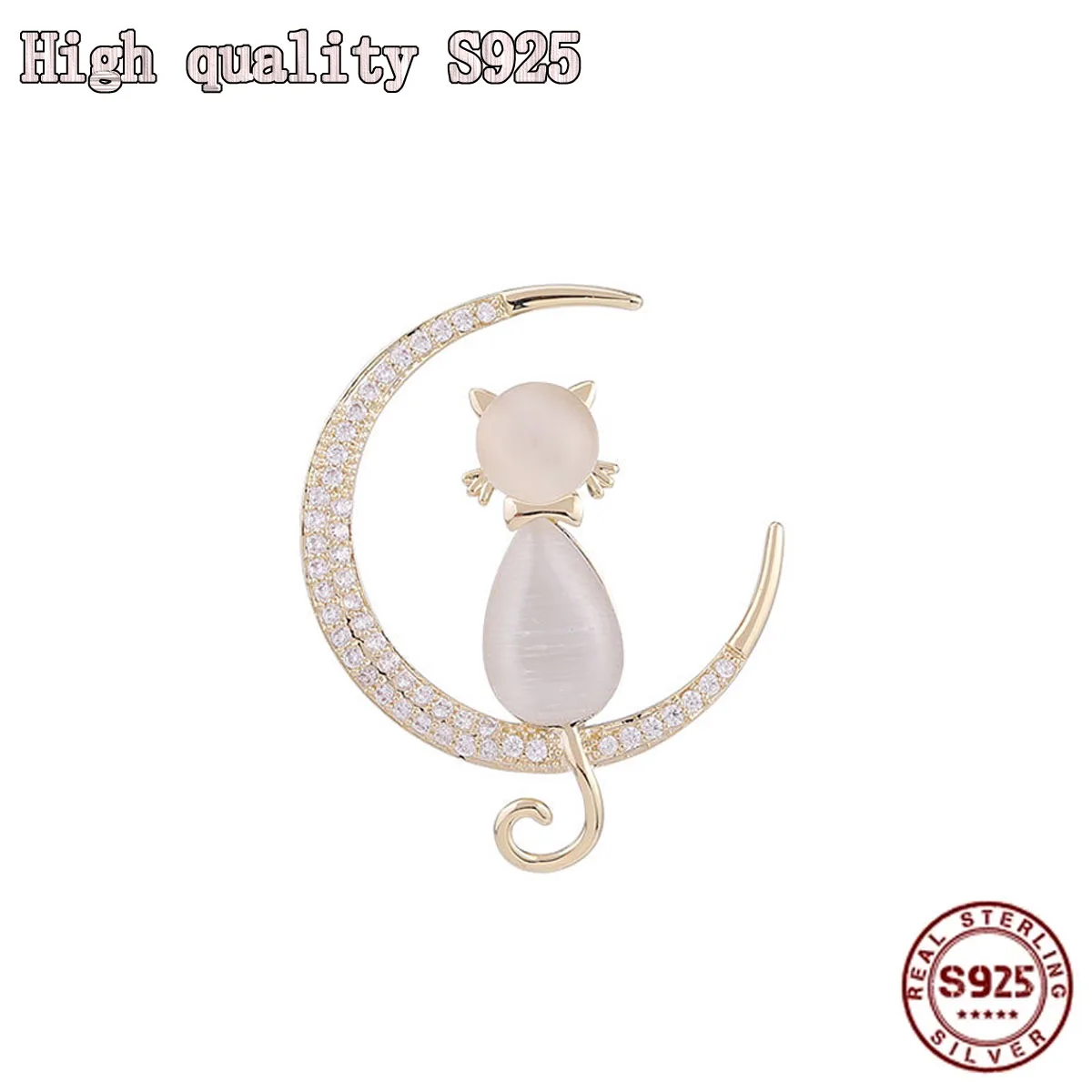 New High Quality Opal Crystal Design Moon Lovely Cat Temperament Women's Brooch Jewelry Luxury Cartoon | Украшения и