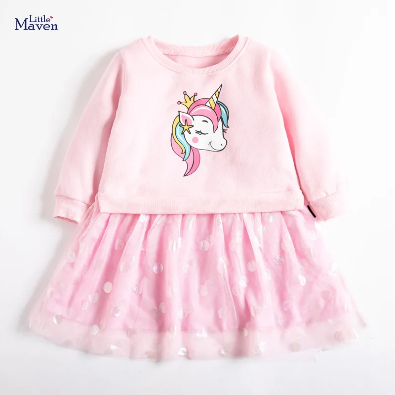 

Little Maven Frocks for Baby Girl Brand Autumn Clothes Animal Print Toddler Pink Unicorn Tulle Fall Dress for Kids 2-7 Years
